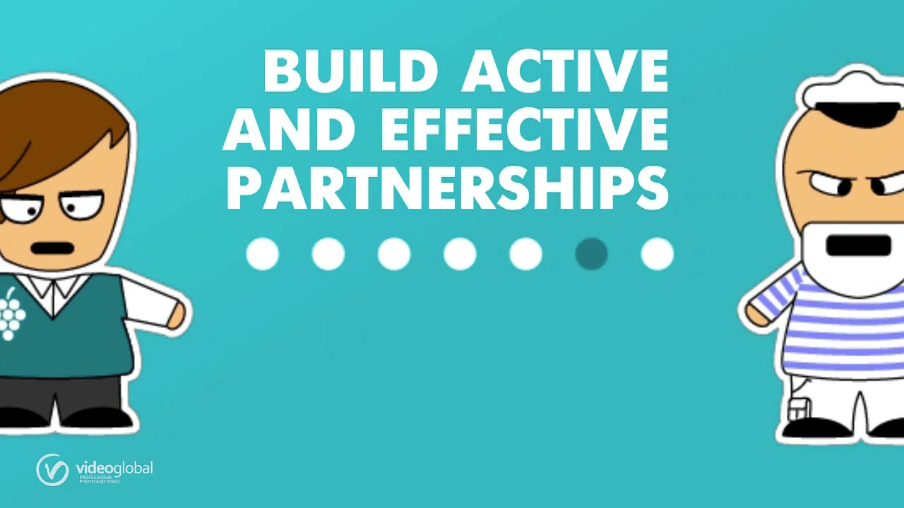 кадр анимационного ролика H2O - два персонажа (винодел и партнёр), фраза Build active and effective partnerships
