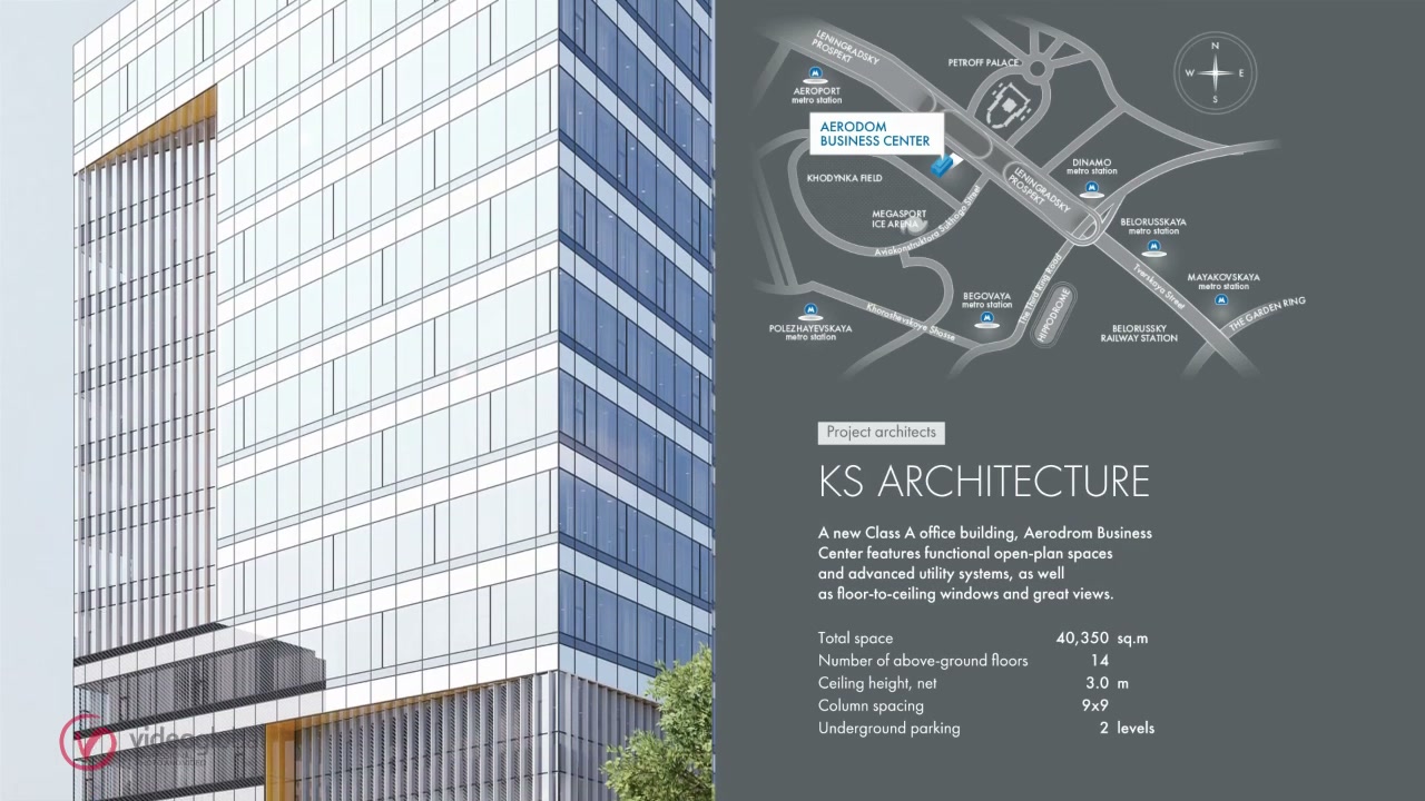 кадр ролика: офисное здание Aerodrom Business Center класса А (стеклянный фасад с фрагментированными окнами), справа карта расположения с метками станций метро, текст KS Architecture, спецификация: 40 350 sq.m, 14 floors, 3.0 m ceiling