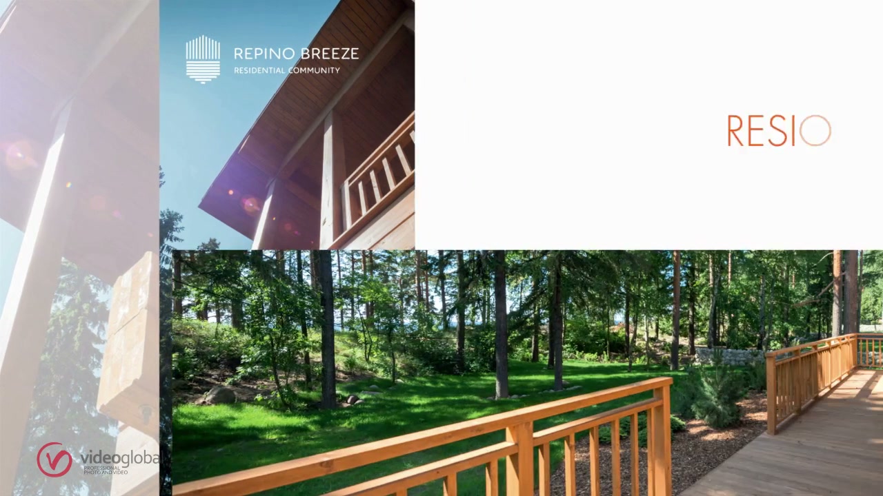 кадр ролика: Repino Breeze Residential Community — фотография деревянного домика среди соснового леса с зелёной лужайкой и террасой, в углу логотип RESIO